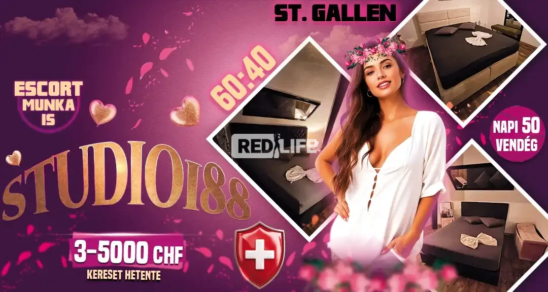 A STUDIO188 magyar női tulajdonosa 40% leadóval és escort munka lehetőséggel vár St. Gallen-ben, a svájci–osztrák határ közelében